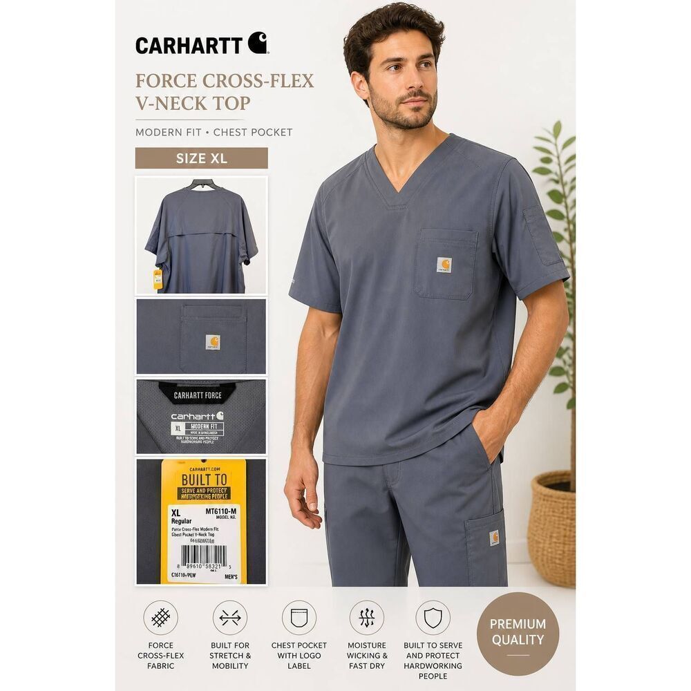 Carhartt Force Cross Flex Scrub Top XL Gray V Neck Chest Pocket Mens